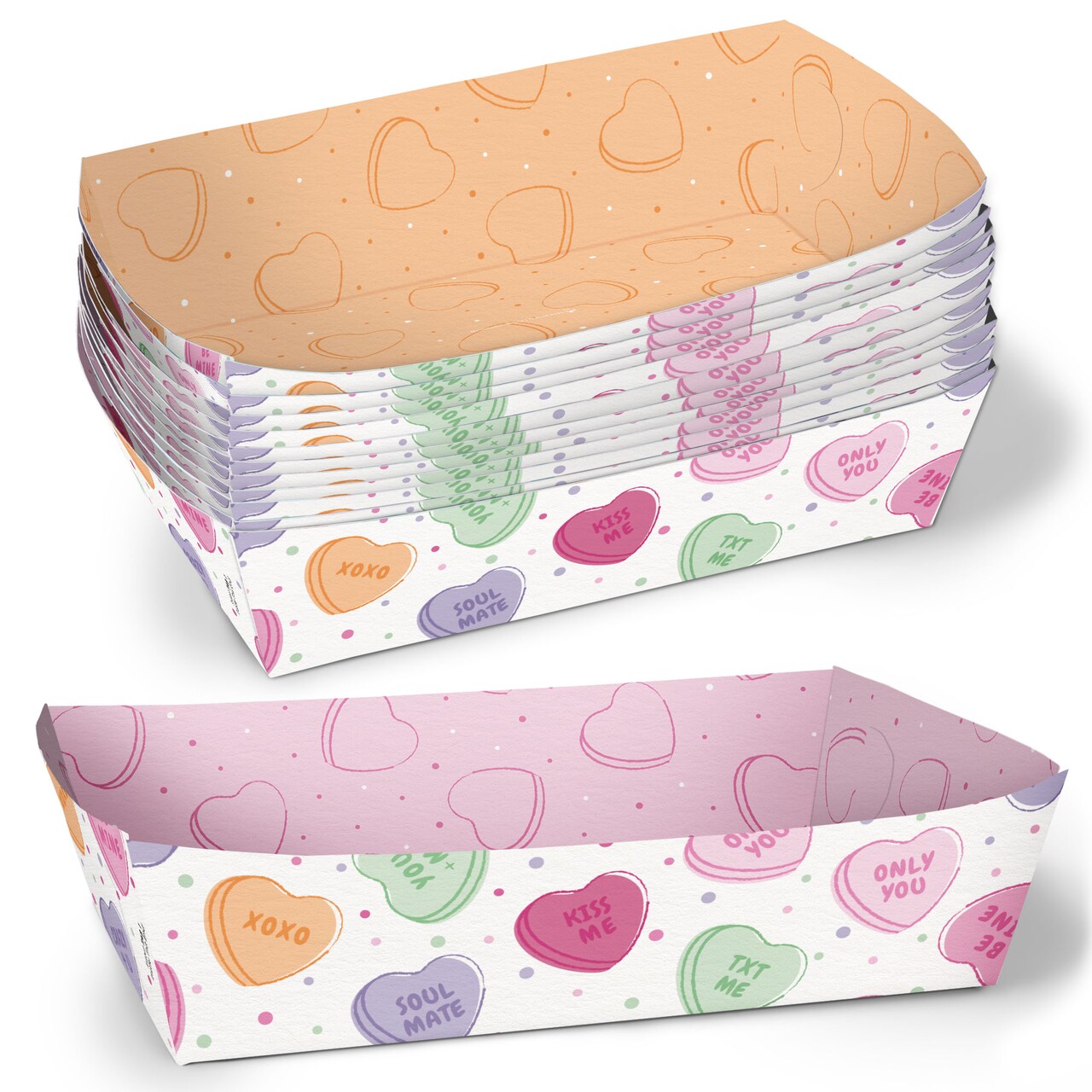 Big Dot of Happiness Valentine Hearts Paper Food Trays, Disposable Food Boats for Pastel Galentine's & Valentine's Double-Sided Meal Holders - 12 Ct